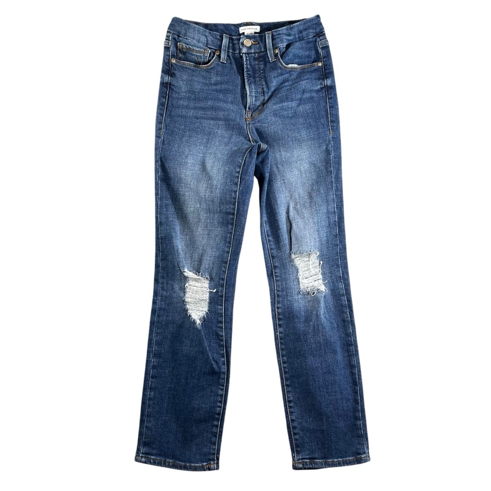 Good American Good Classic Slim Straight Blue Distressed Jeans Size 6/28